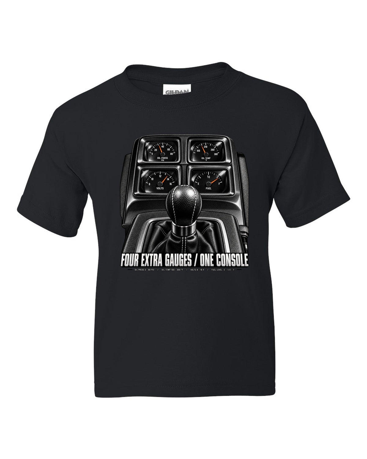 Cockpit print of a 2010 Chevrolet Camaro SS console gauge pod with four extra gauges text black kids tee front view with the design