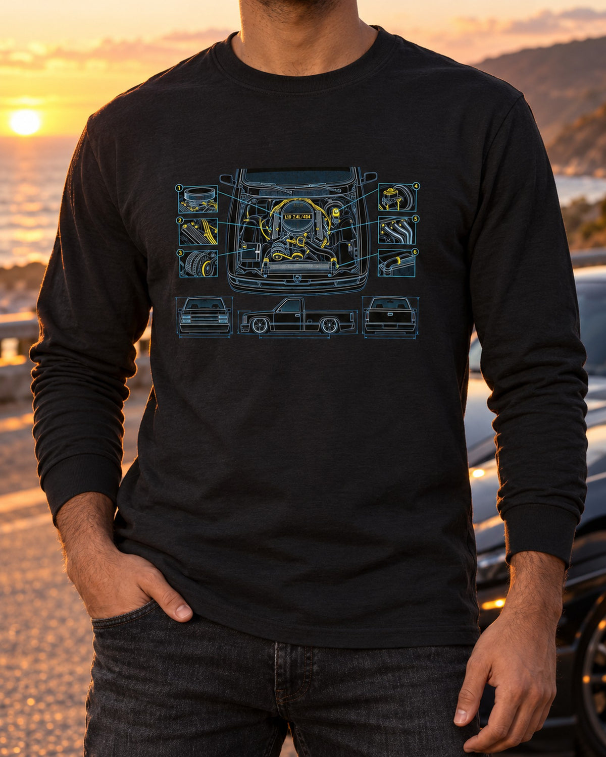 454 SS Pickup Engine Bay Blueprint Shirt, L19 7.4L Long Sleeve Black worn hero