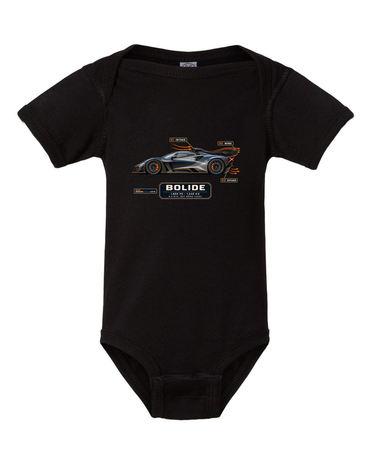 Aero callout cutaway of the Bugatti Bolide track concept, print black baby onesie front view with the design