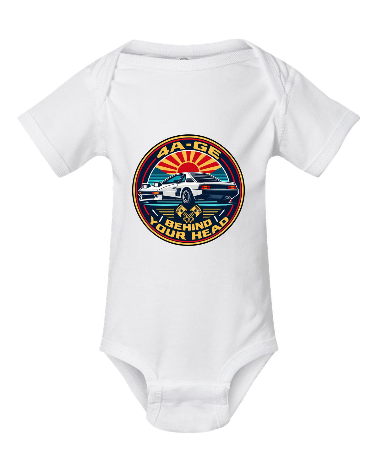 Round crest print of a Toyota MR2 AW11 with 4A-GE text white baby onesie front view with the design