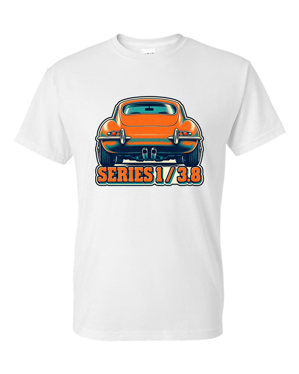 Risograph-style print of a Jaguar E-Type Series 1 taillight with Series 1 and 3.8 lettering white t-shirt front view with the design