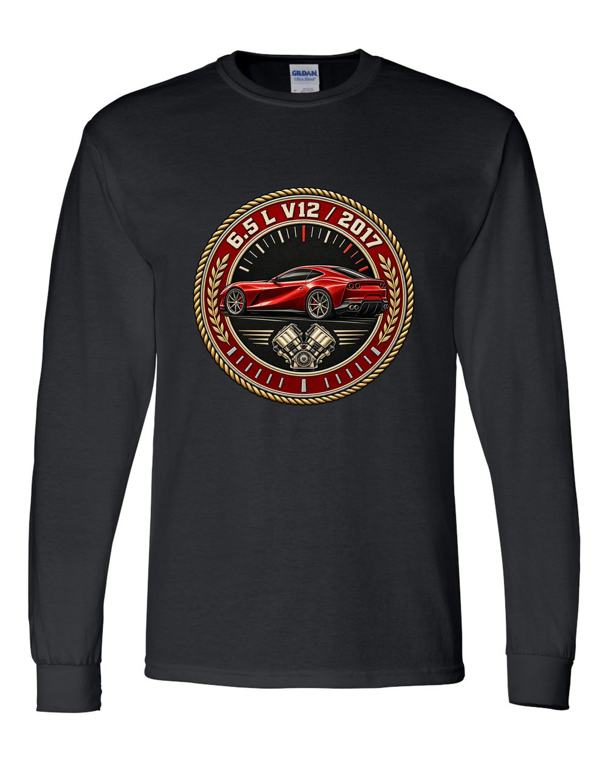 Round roundel print for the Ferrari 812 Superfast with 6.5 L V12 and 2017 lettering black long sleeve front view with the design