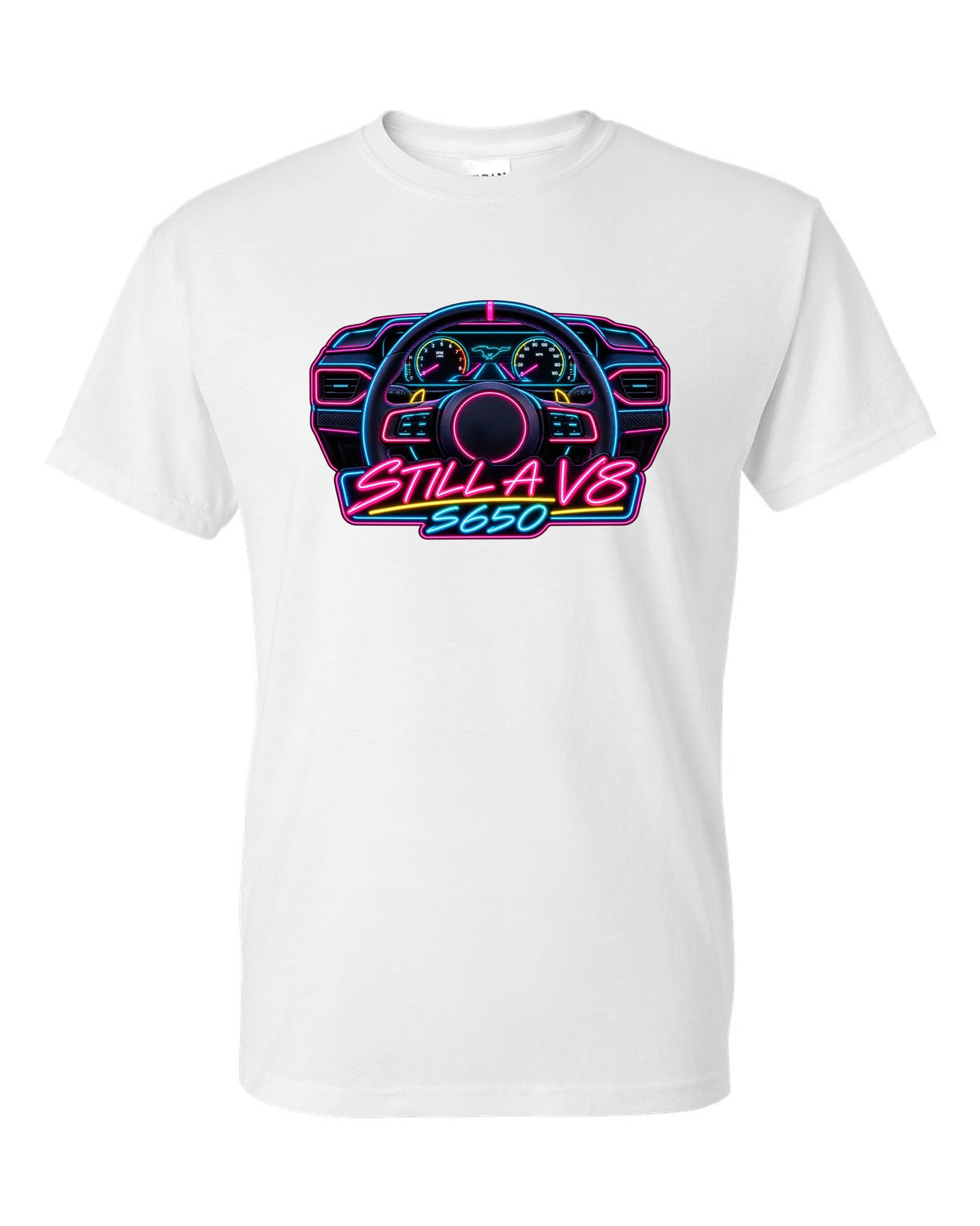 Neon sign style 2024 S650 Ford Mustang coupe with Still a V8 text white t-shirt front view with the design