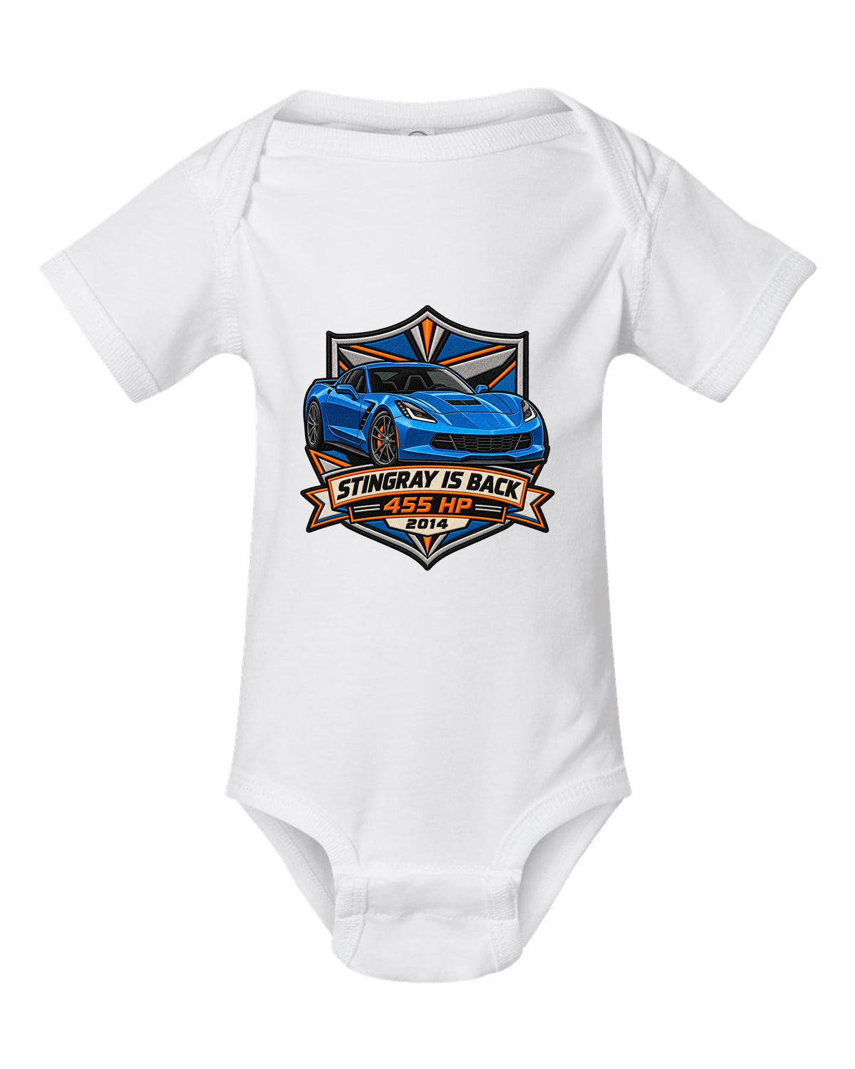 Varsity crest style print of a 2014 Chevrolet Corvette C7 Stingray with 455 HP and gill vent detail white baby onesie front view with the design