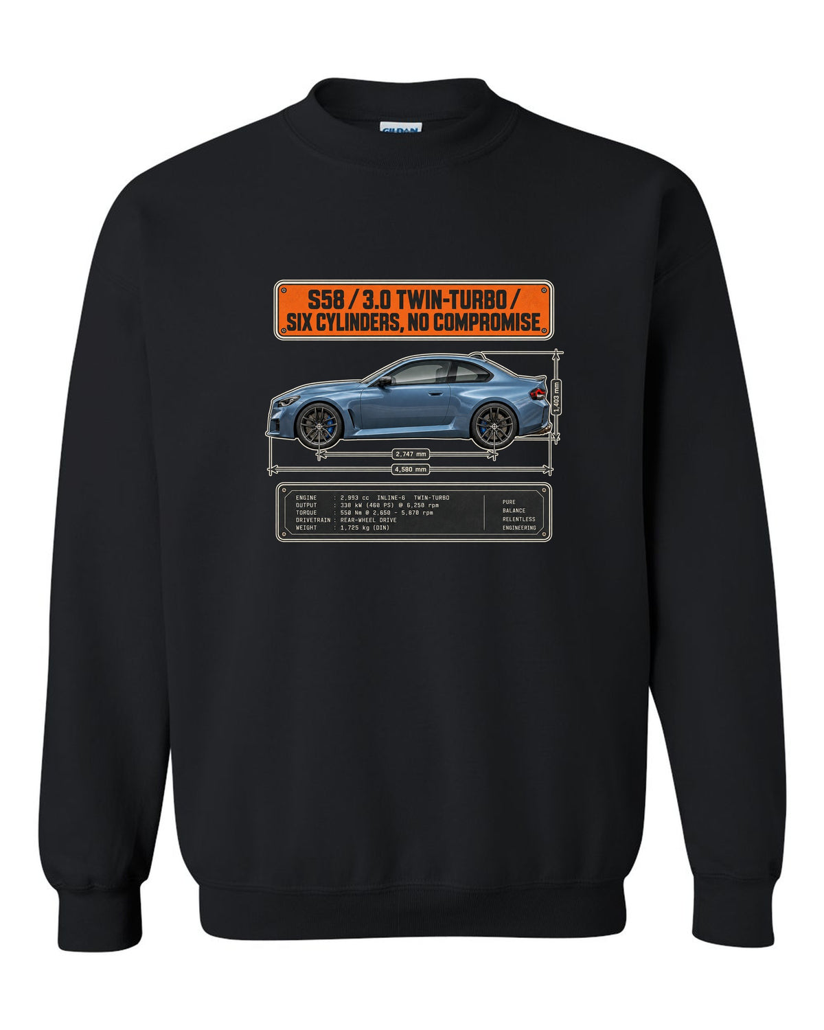 BMW M2 G87 dimension blueprint print with S58 3.0 twin-turbo text black crewneck front view with the design