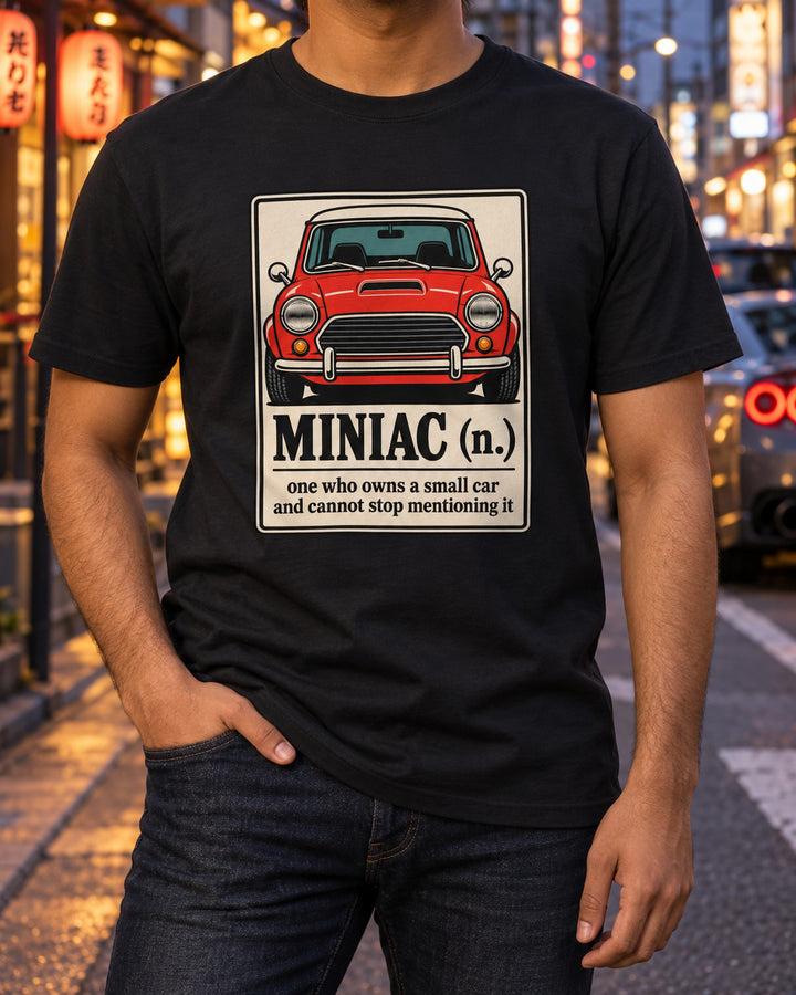 Miniac Definition Card Shirt, Mini Cooper S R53 Typographic Tee T-Shirt Black worn hero
