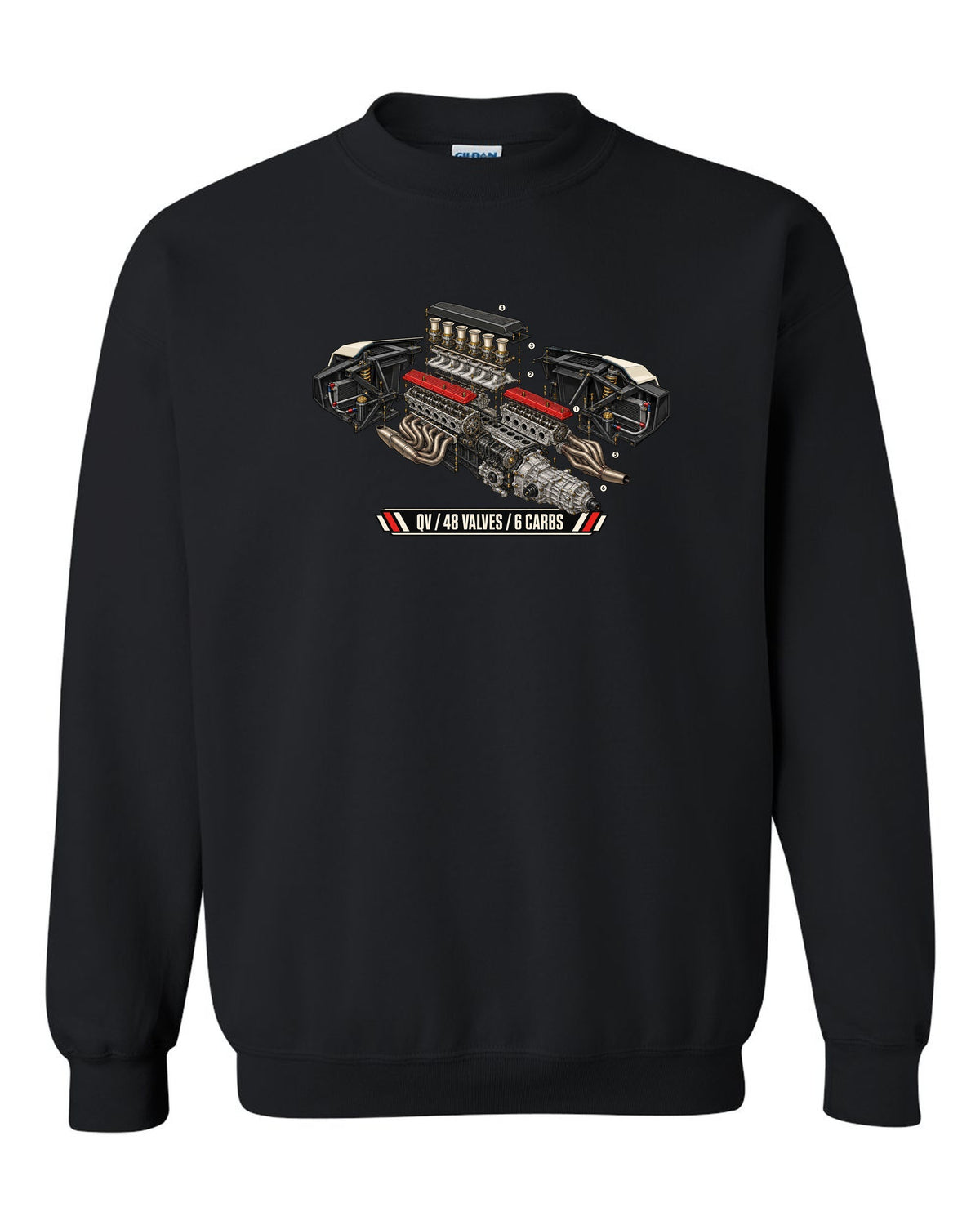 Exploded engine cutaway of a 1985 Lamborghini Countach LP5000 QV with 48 valves and 6 carbs lettering black crewneck front view with the design