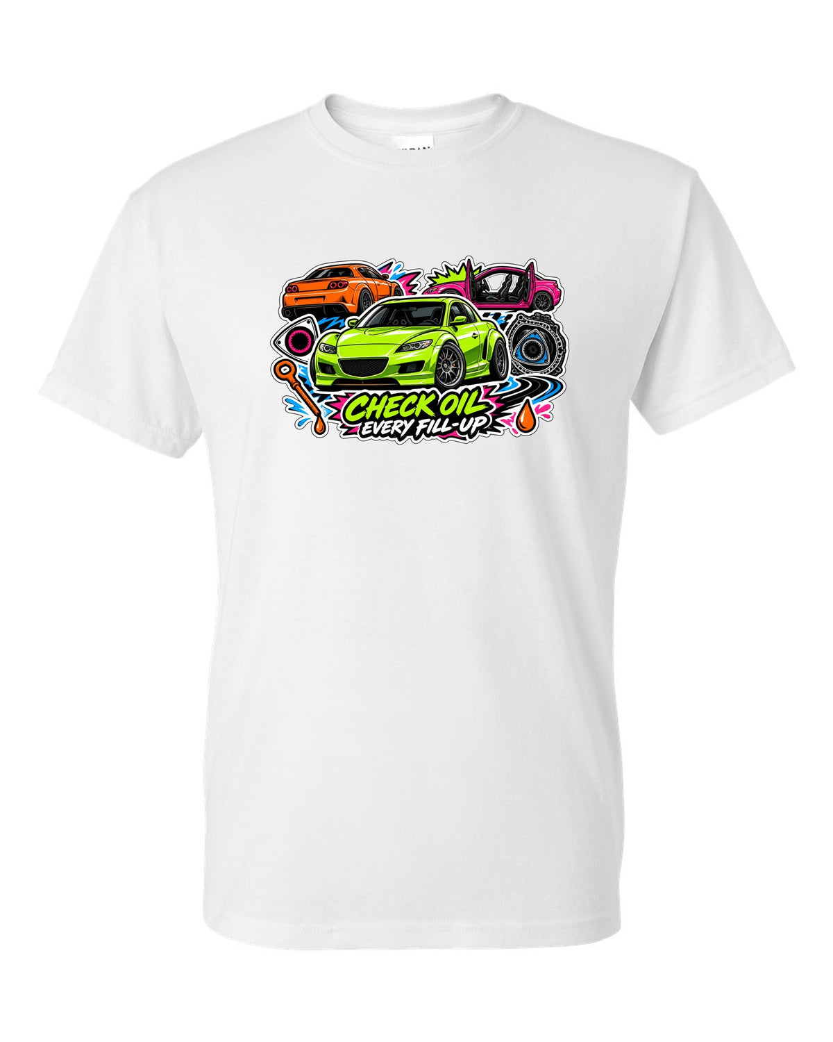 Retro synthwave sunset grid design for the Mazda RX-8 Renesis with 15 MPG ON A GOOD DAY lettering white t-shirt front view with the design