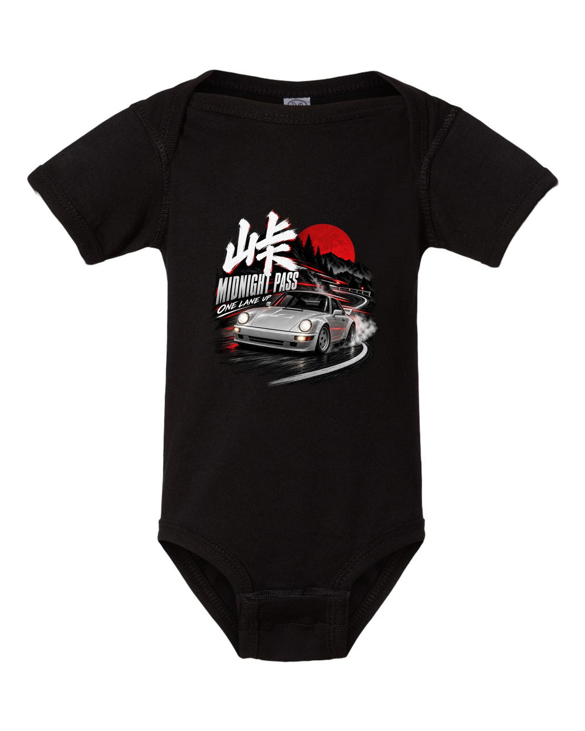 Touge night print of an outlaw-style Porsche 911 Carrera 4 964 on a mountain pass black baby onesie front view with the design