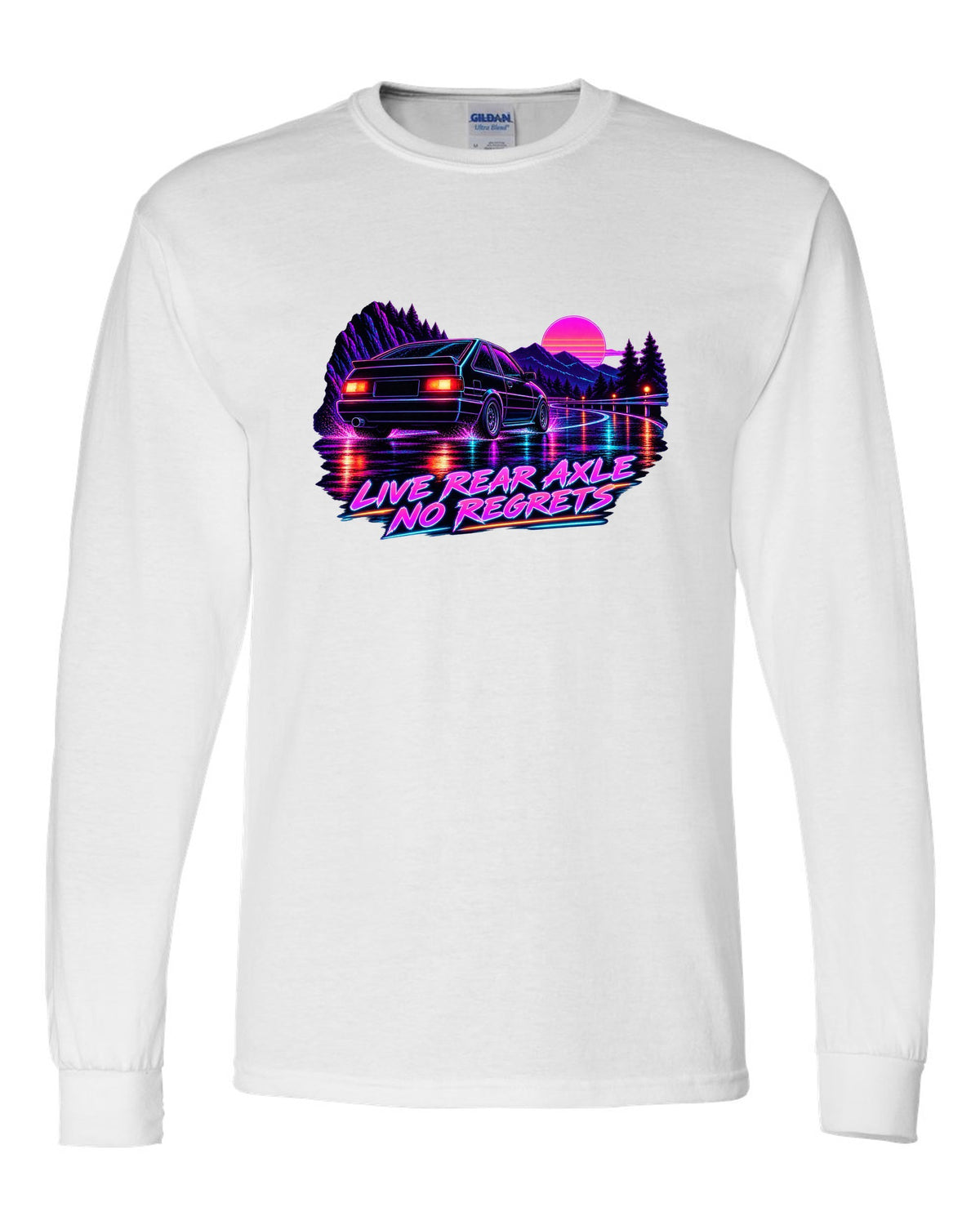 Neon synthwave line art print of a Toyota Corolla Levin AE86 with Live Rear Axle lettering white long sleeve front view with the design