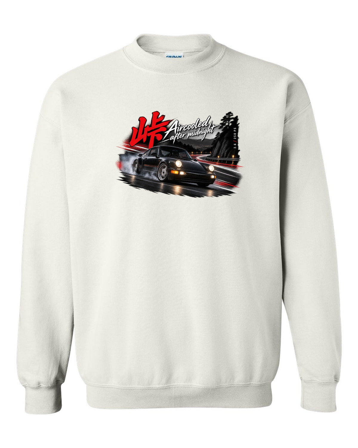 Touge night print of a Porsche 911 Carrera 2 (964) with the line Aircooled after midnight white crewneck front view with the design