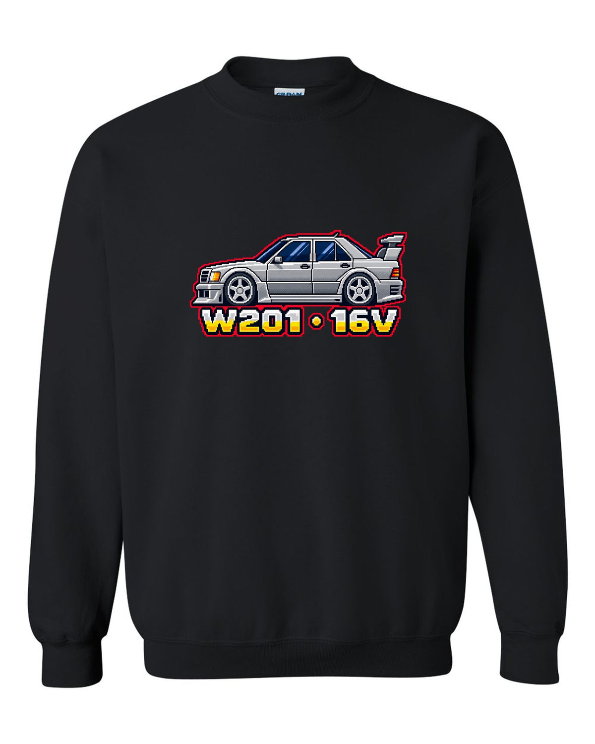 Mercedes 190E Evo II W201 16-Bit Pixel Art Tee, Car black crewneck front view with the design