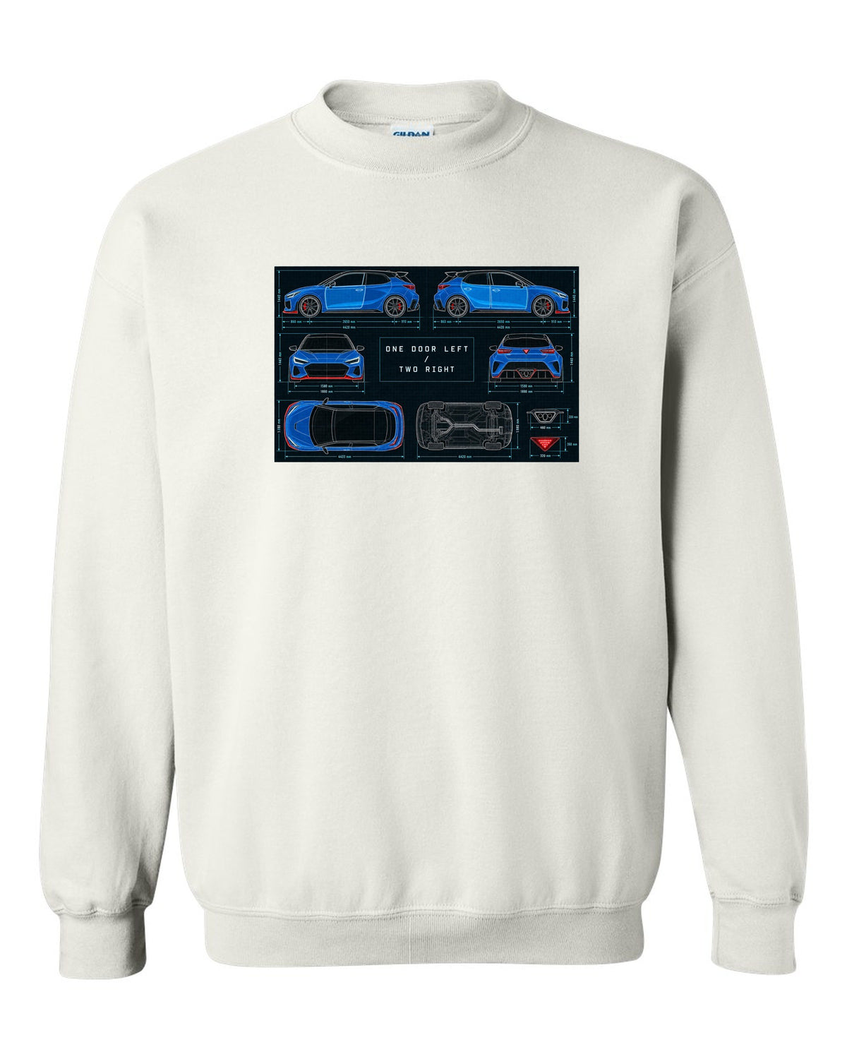 Hyundai Veloster N JS technical blueprint print with one door left and two right white crewneck front view with the design