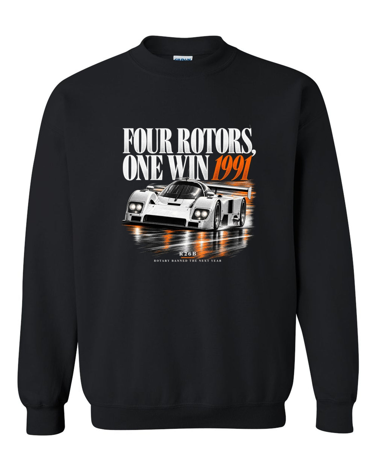 Mazda 787B four rotors editorial headline print, 1991 R26B black crewneck front view with the design
