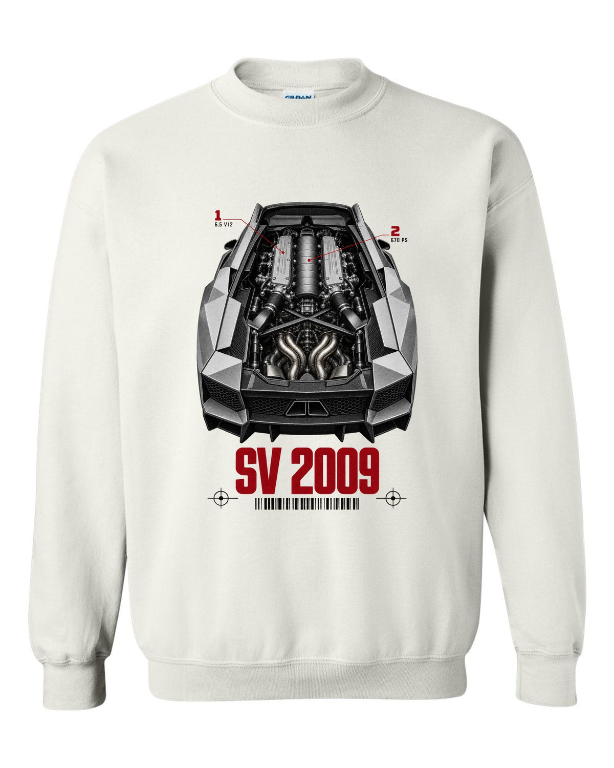 Engine hero print of a Lamborghini Murcielago LP670-4 SV with 6.5 V12 and 670 PS callouts white crewneck front view with the design