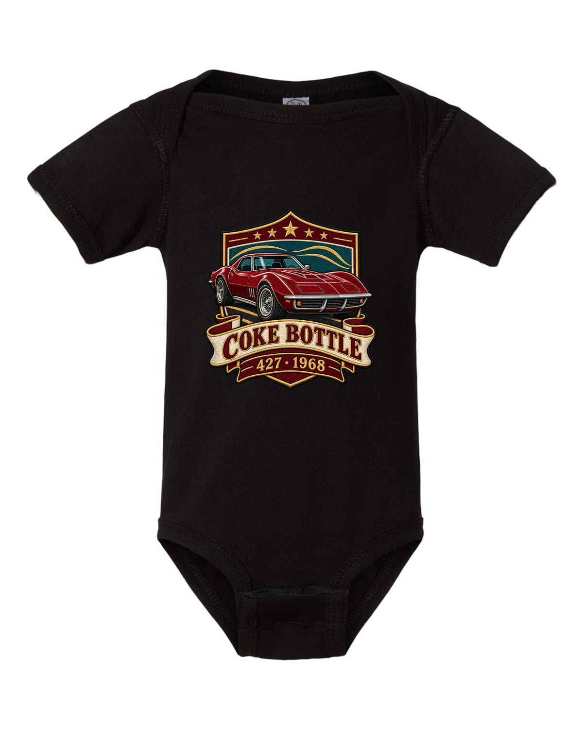 Embroidery style shield crest print of a 1968 Chevrolet Corvette C3 Stingray with Coke Bottle 427 text black baby onesie front view with the design