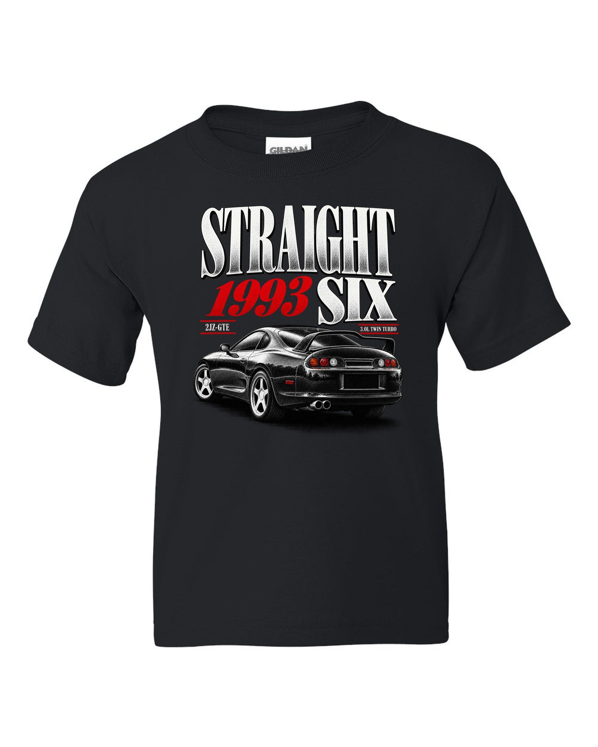 print of a Toyota Supra A80 JZA80 with straight six editorial headline and 2JZ-GTE twin turbo text black kids tee front view with the design