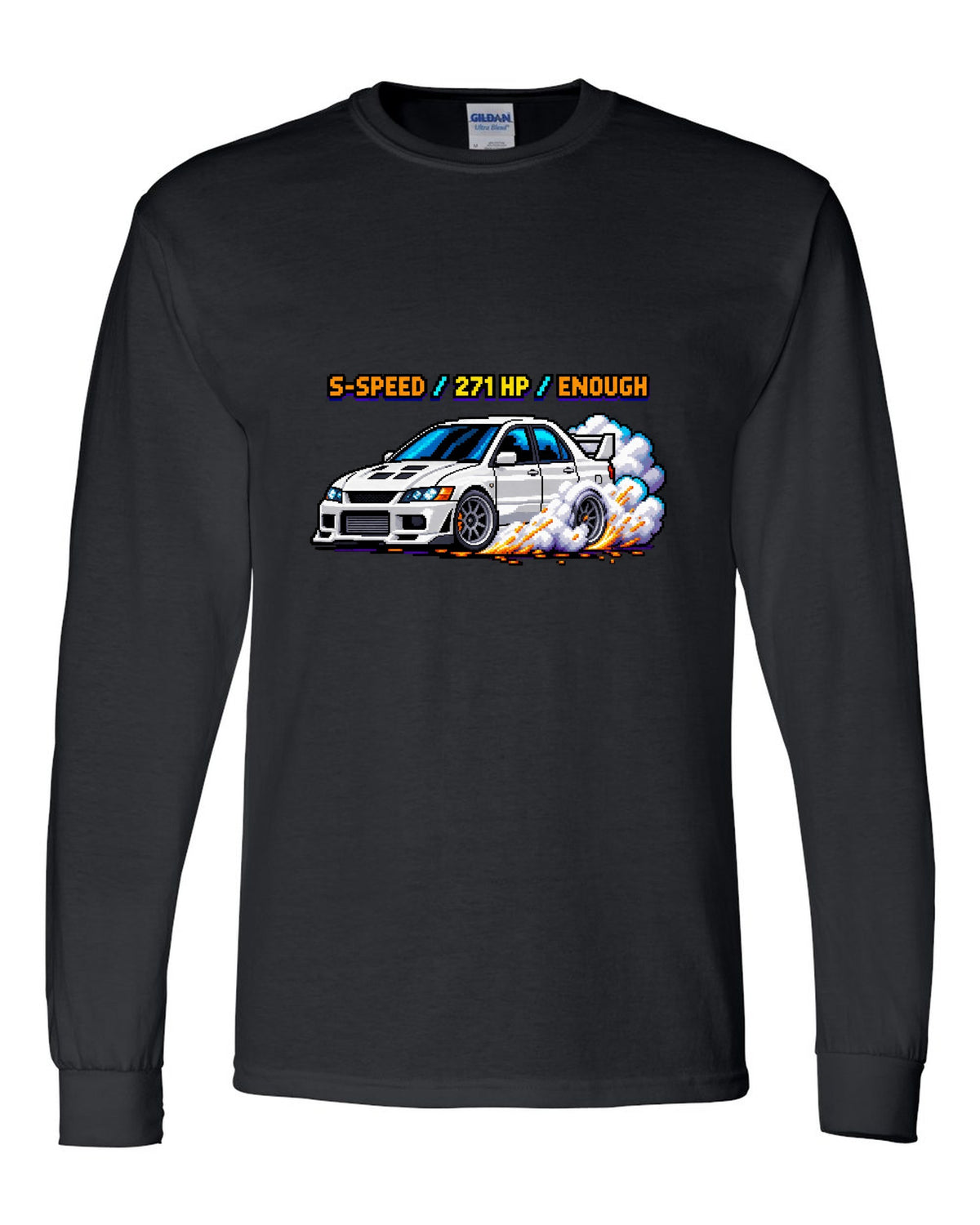 8-bit pixel art Mitsubishi Lancer Evolution VIII CT9A with launch control stats black long sleeve front view with the design
