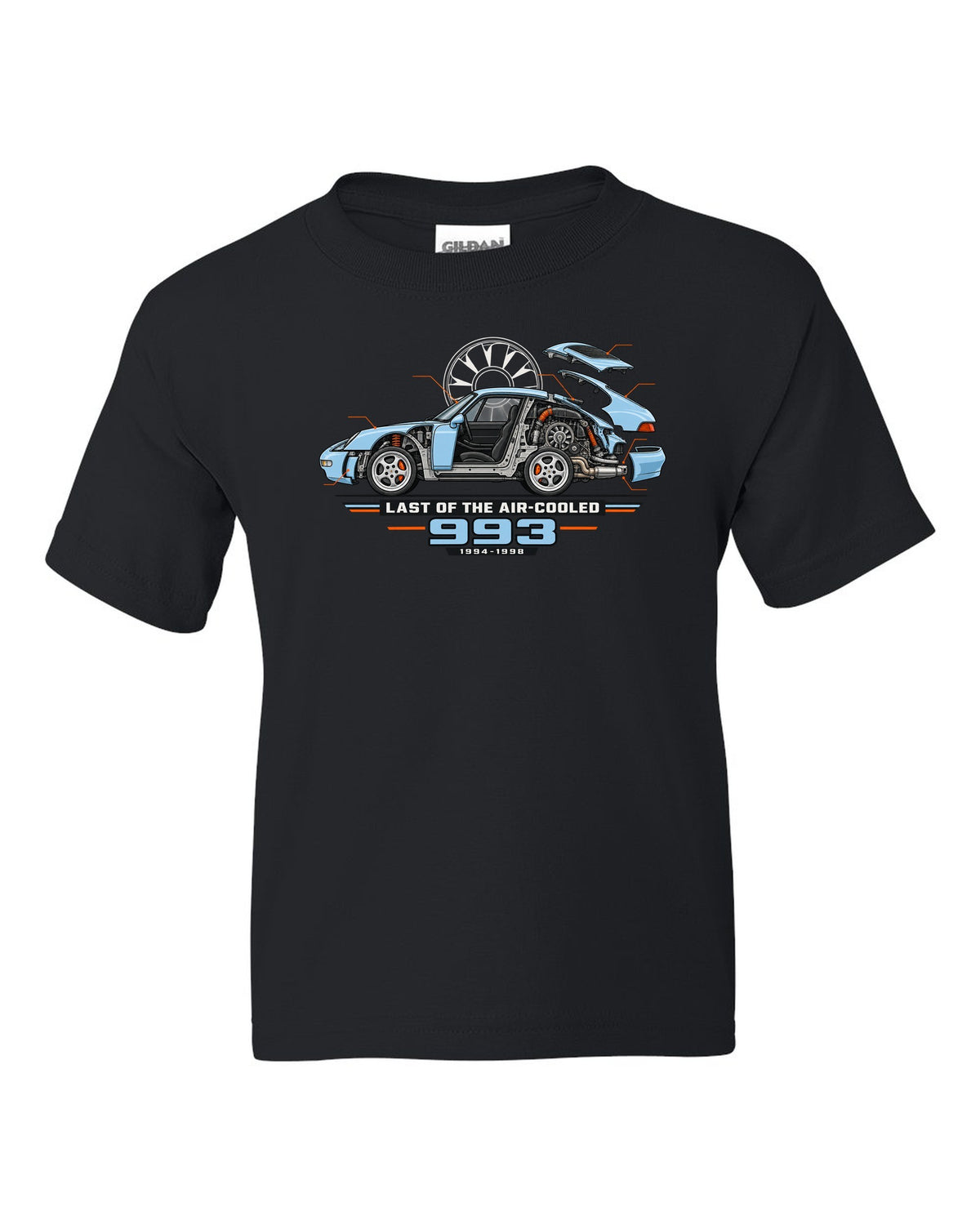 Architectural cutaway drawing of a Porsche 911 993 on a shirt back black kids tee front view with the design