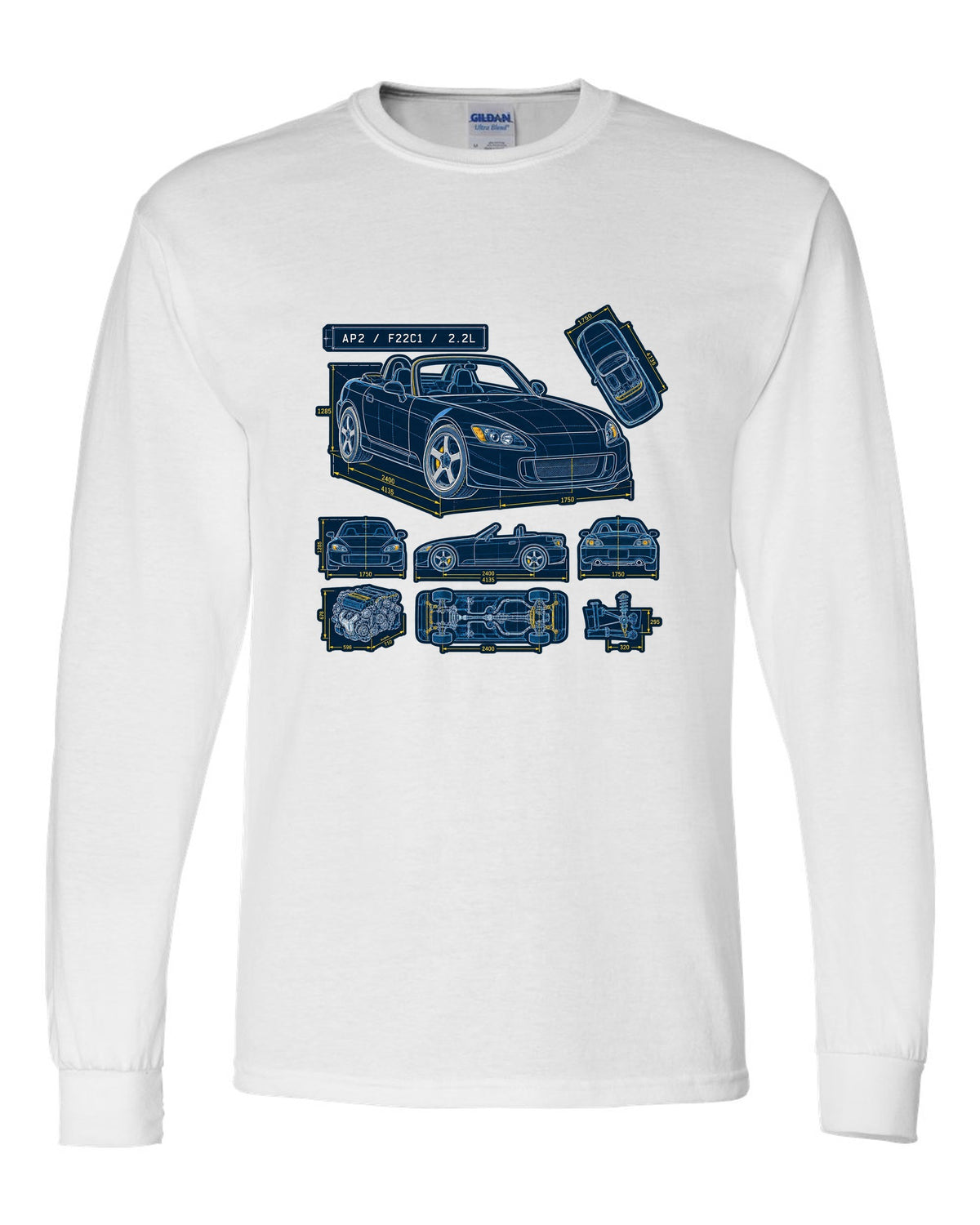 Neon synthwave sunset print of a Honda S2000 AP2 with 8,200 RPM not 9,000 text white long sleeve front view with the design
