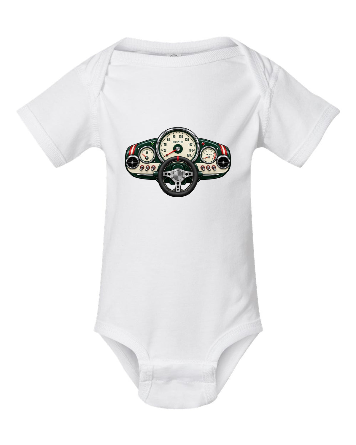 Gauge-cluster print for the Mini Cooper S R53 with big speedo and tiny tach lettering white baby onesie front view with the design