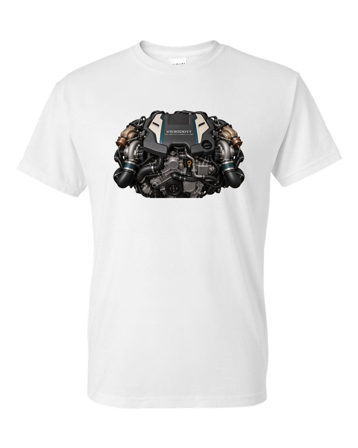 Nissan VR30DDTT 3.0 litre twin-turbo V6 engine bay poster style print white t-shirt front view with the design