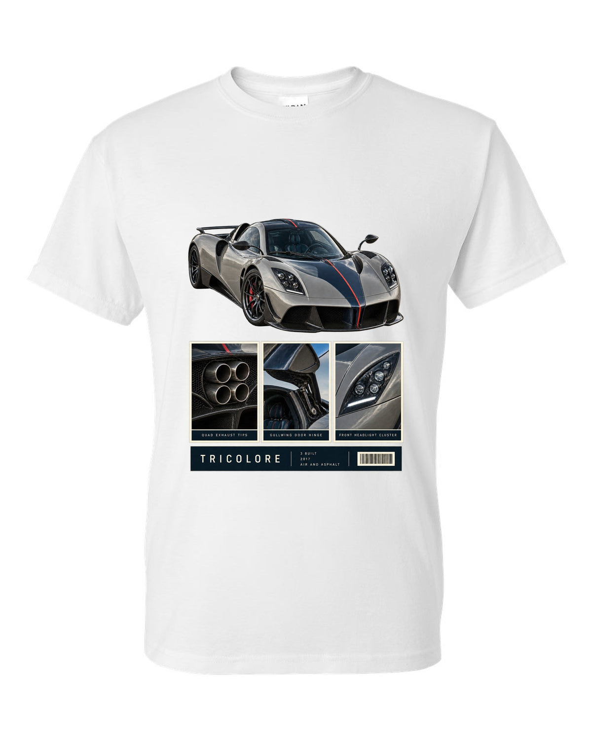 Dossier panel print of the Pagani Huayra Tricolore with the text Tricolore, 3 built, 2017, air and asphalt white t-shirt front view with the design
