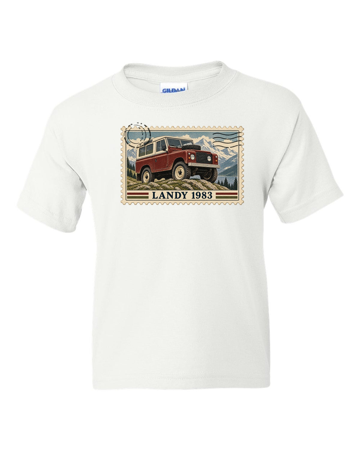 Vintage postage stamp print with perforated edge showing a Land Rover Defender 110, Landy 1983 white kids tee front view with the design