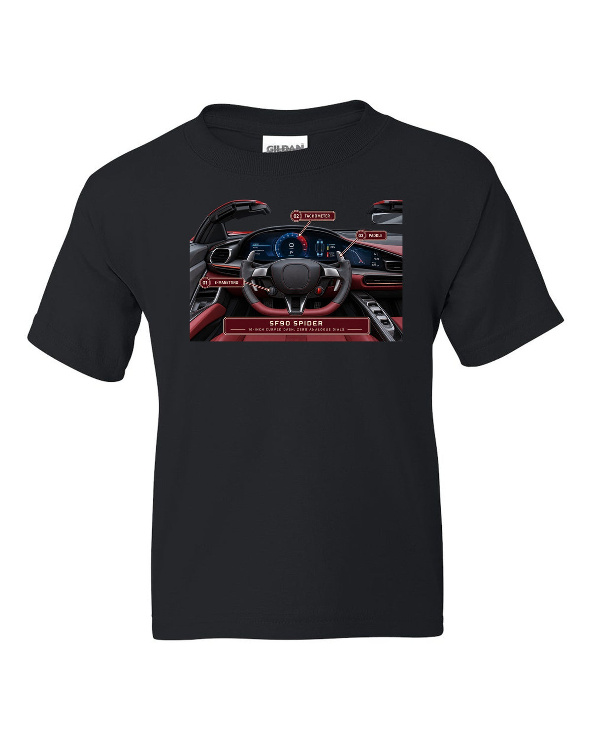 Ferrari SF90 Spider cockpit gauge print with 16-inch curved dash text black kids tee front view with the design