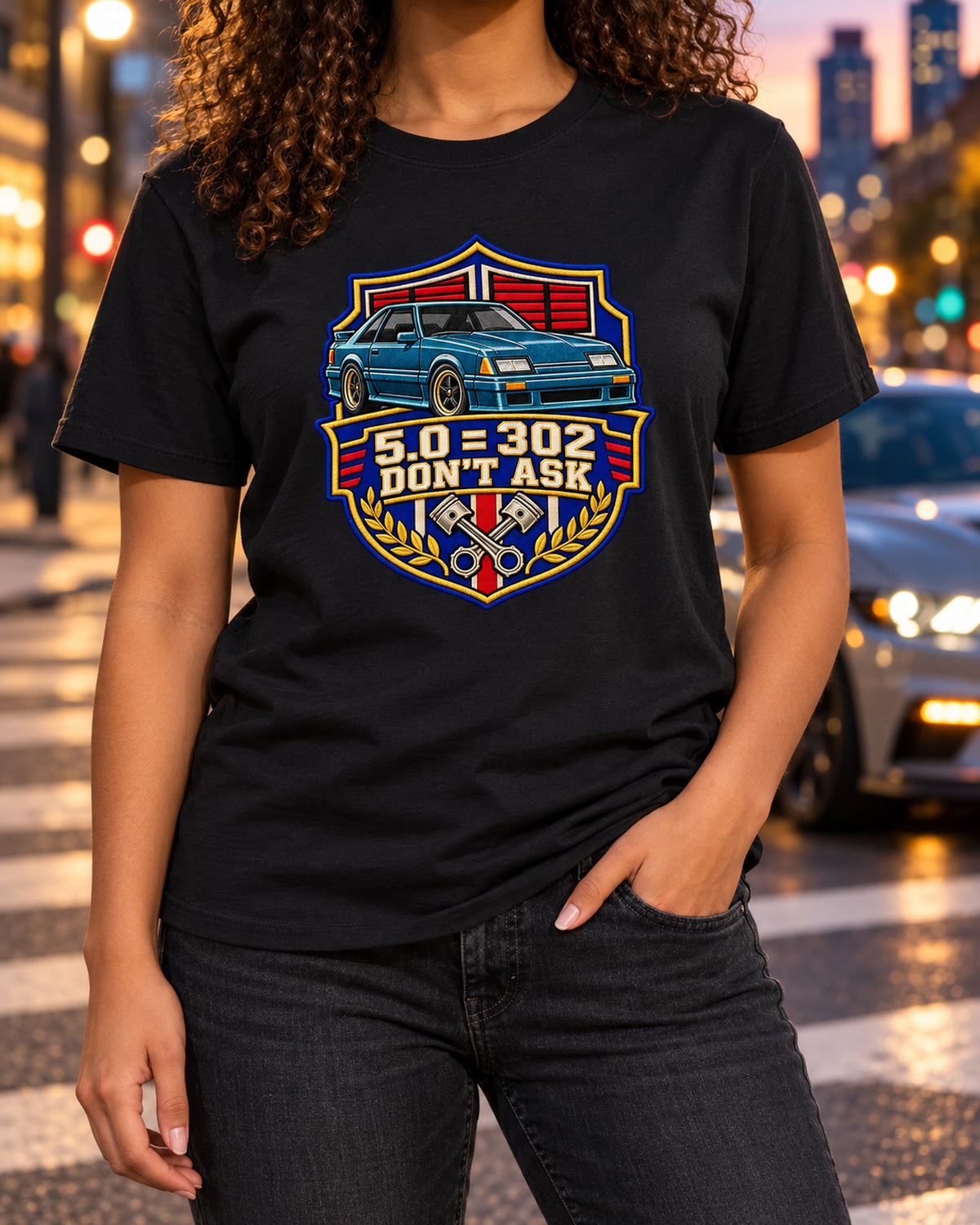 Ford Mustang Fox Body Drag Crest Shirt, 5.0 Equals 302 T-Shirt Black worn hero
