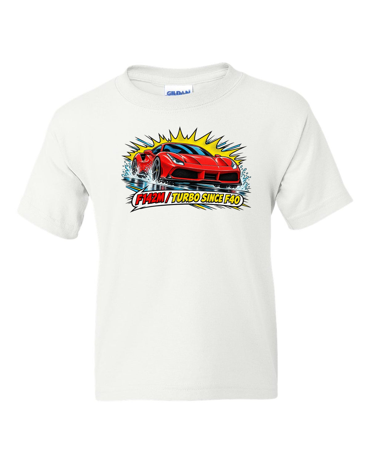 Comic halftone pop-art print of the Ferrari 488 GTB F142M with the text F142M, turbo since F40 white kids tee front view with the design