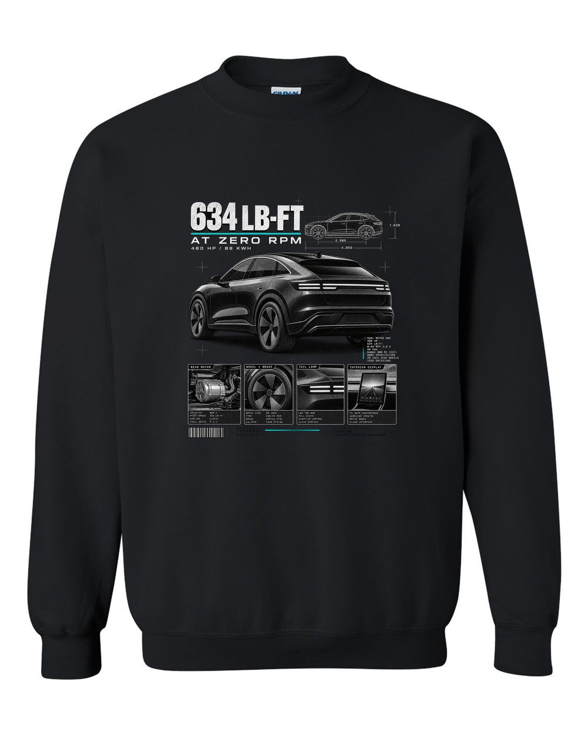 Ford Mustang Mach-E GT CX727 dossier panel print with 634 lb-ft at zero rpm black crewneck front view with the design