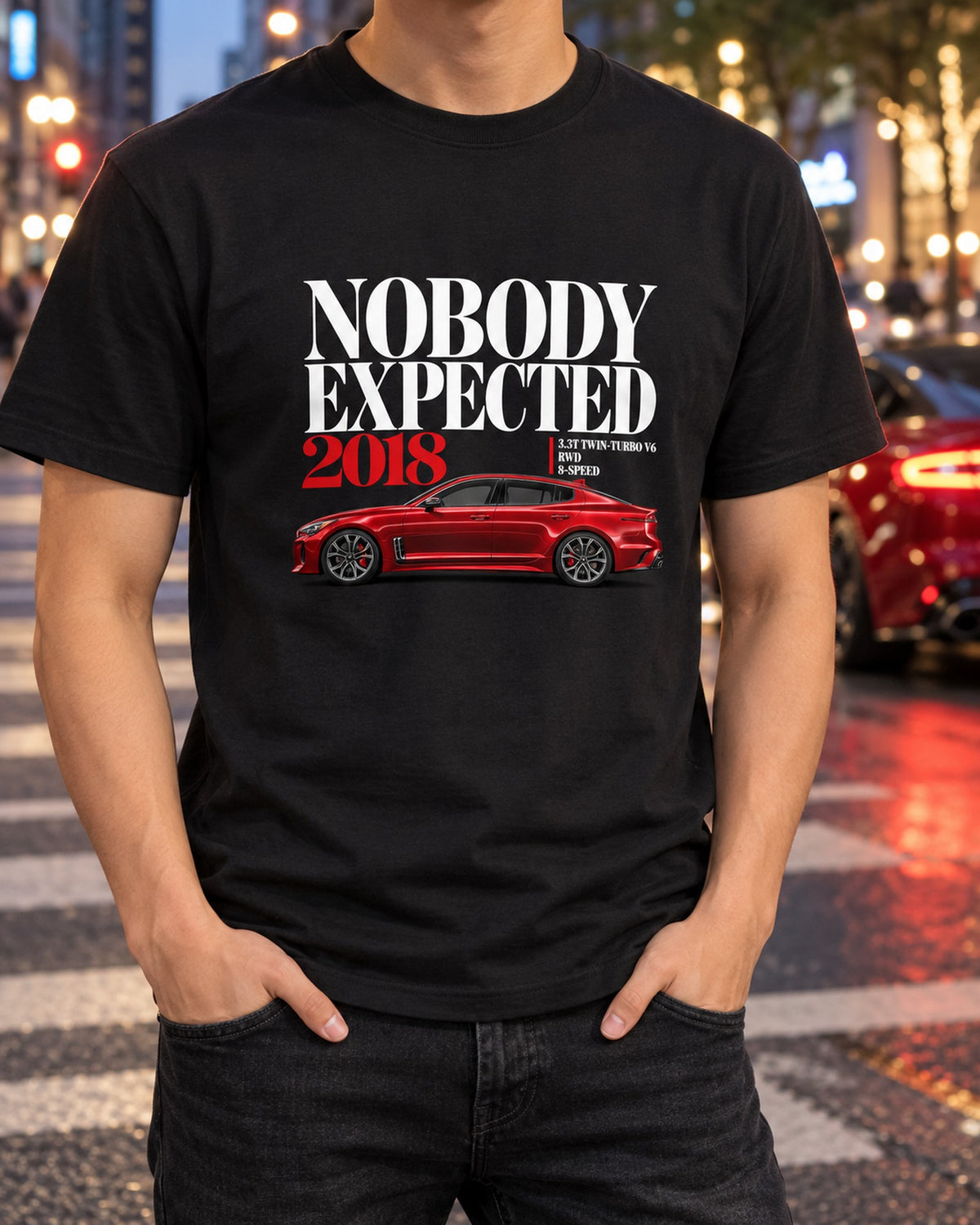 Editorial Style Kia Stinger GT 3.3T Fastback Tee, print T-Shirt Black worn hero