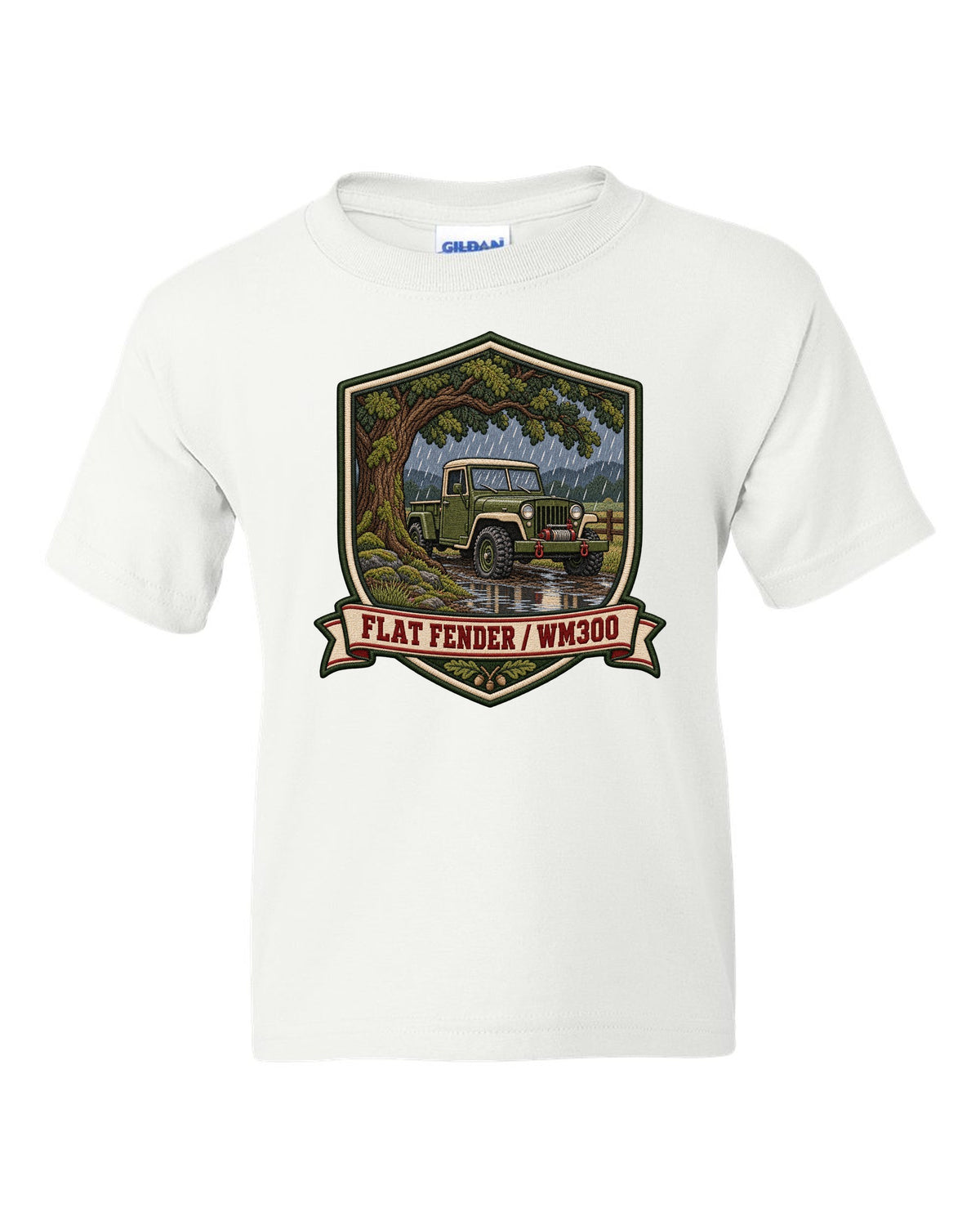 Varsity-style embroidered crest print of a Dodge Power Wagon WM300 flat fender white kids tee front view with the design