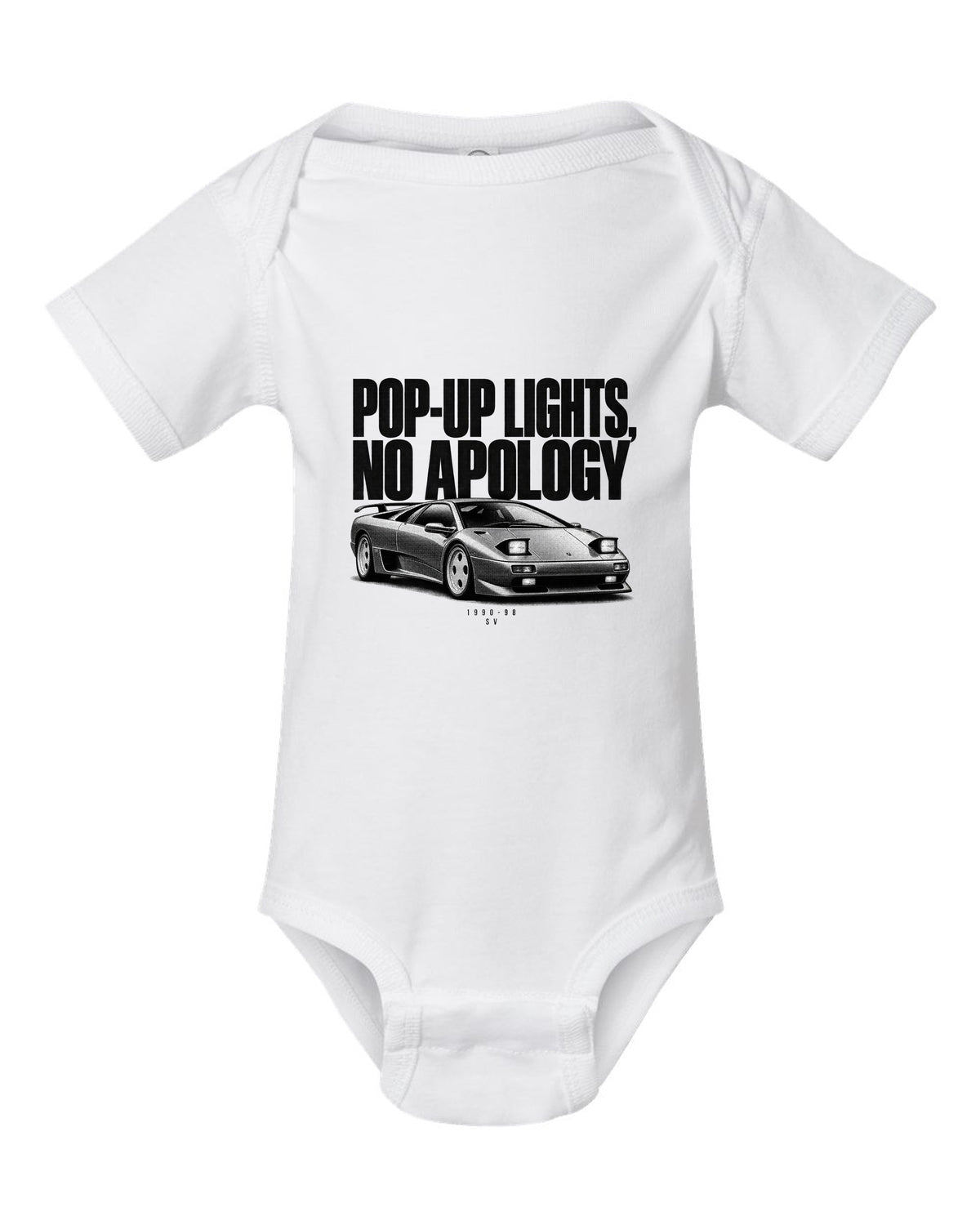 Halftone print of a Lamborghini Diablo SV with pop-up lights no apology text white baby onesie front view with the design