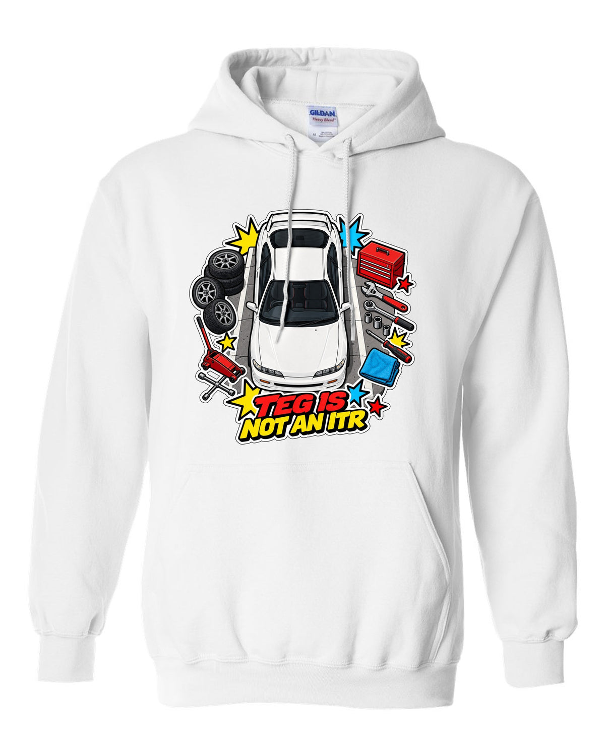 Retro Showa catalogue ad style print of a 2002 Honda Integra DC5 ch with K20A six speed text white pull over hoodie front view with the design
