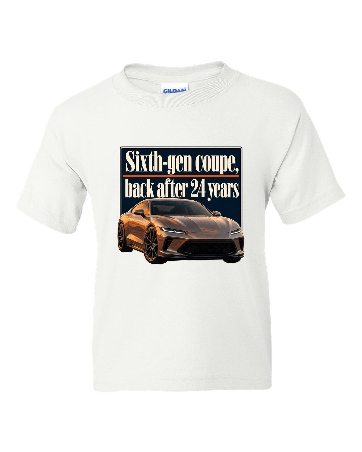Honda Prelude 2026 sixth-gen editorial headline print white kids tee front view with the design