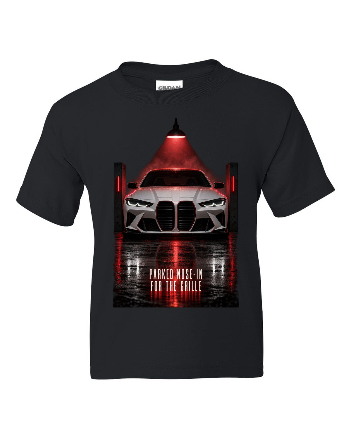 BMW G80 M3 garage night print with parked nose-in for the grille text black kids tee front view with the design