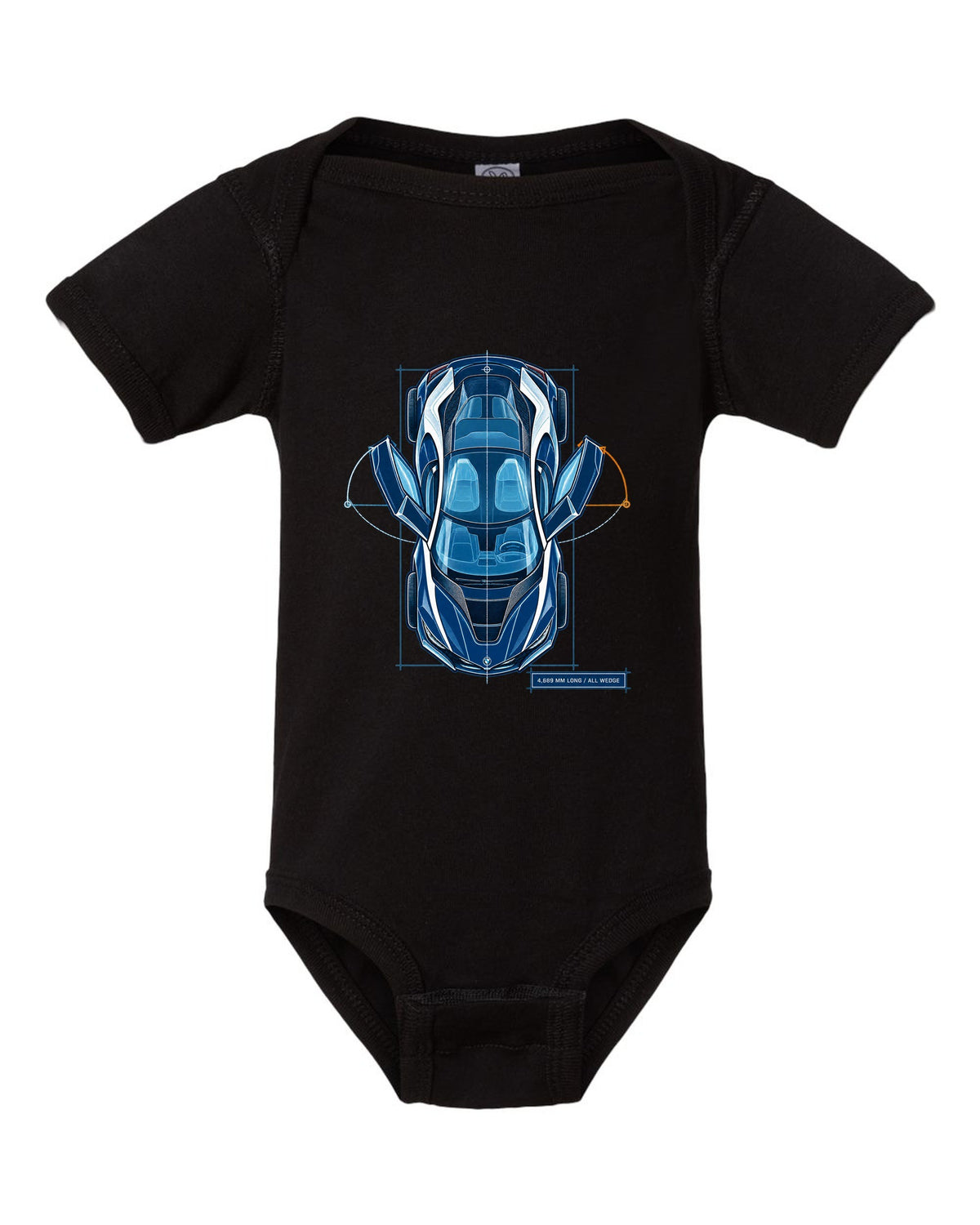 BMW i8 I12 cyanotype blueprint plan view print with 4,689 mm long text black baby onesie front view with the design