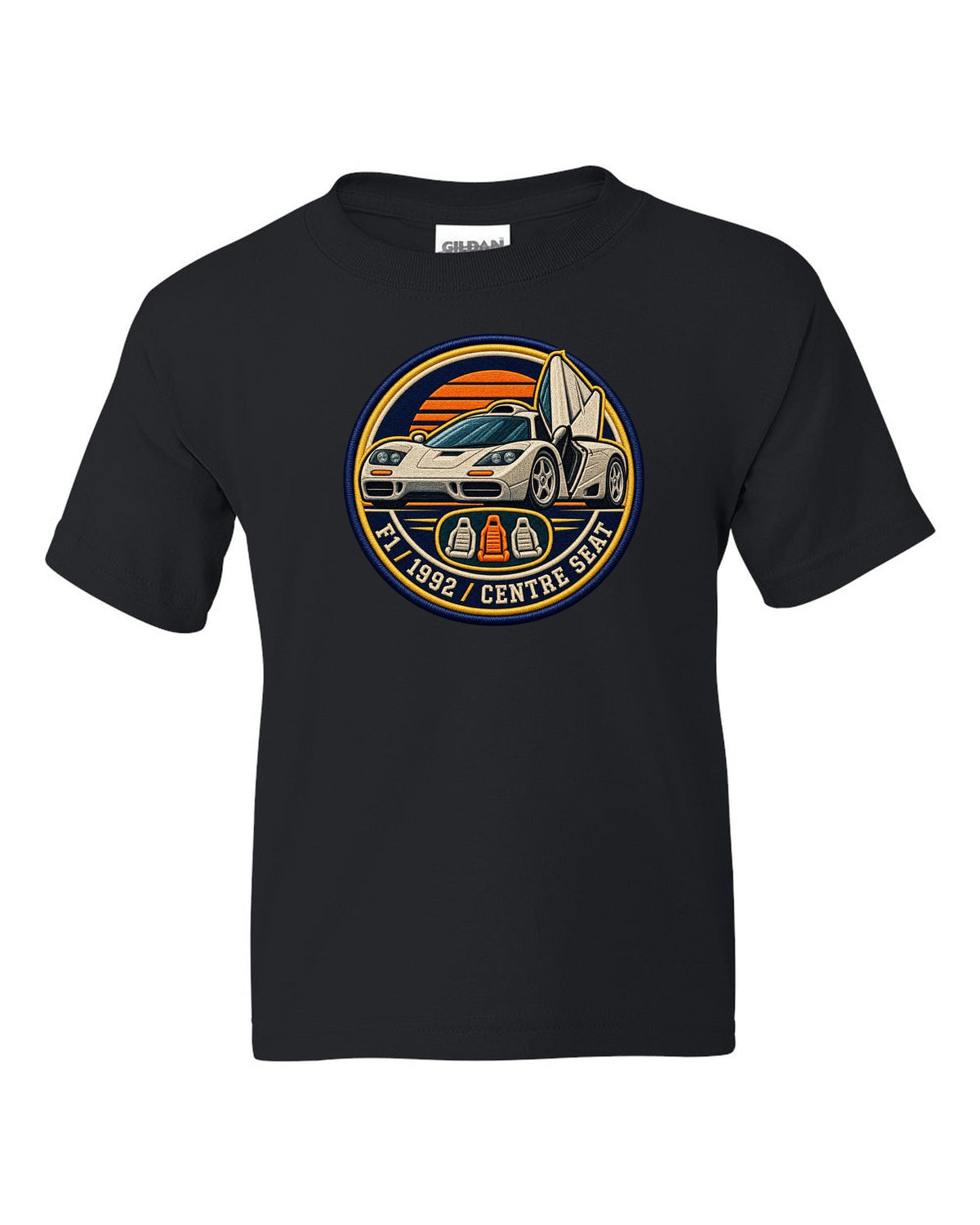 Embroidery varsity crest print for the McLaren F1 with F1, 1992 and Centre Seat lettering black kids tee front view with the design
