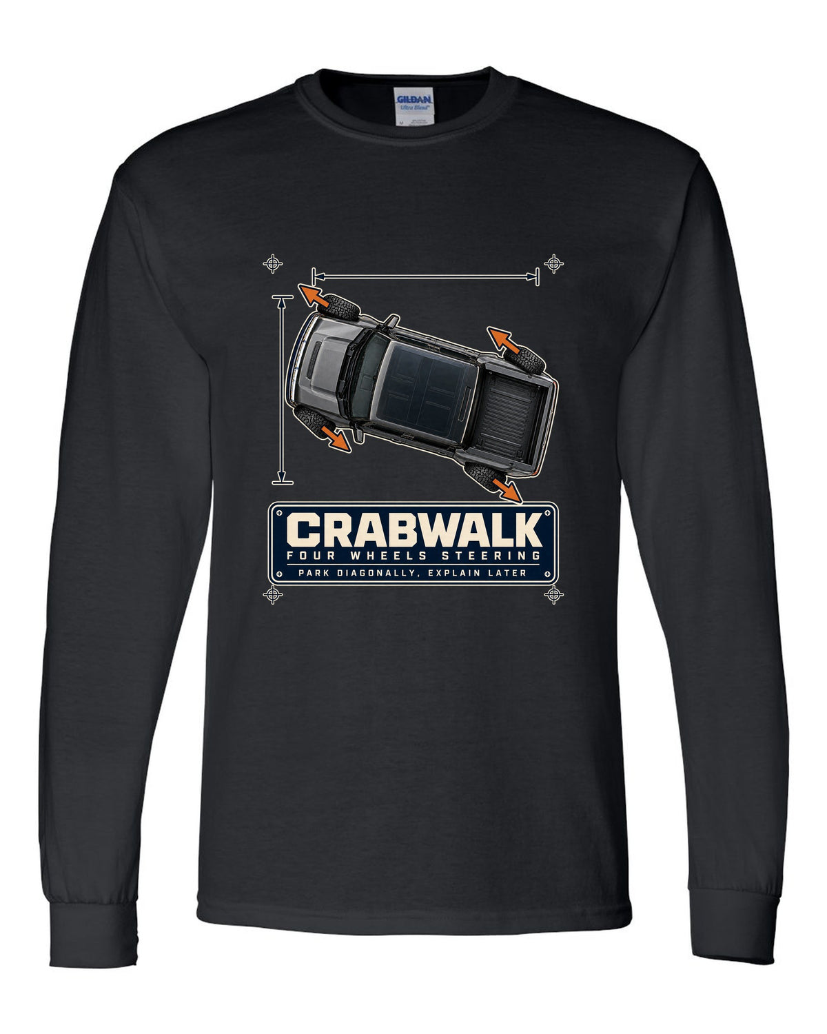 Top-view dimension blueprint print of a Hummer EV pickup showing CrabWalk diagonal steering black long sleeve front view with the design
