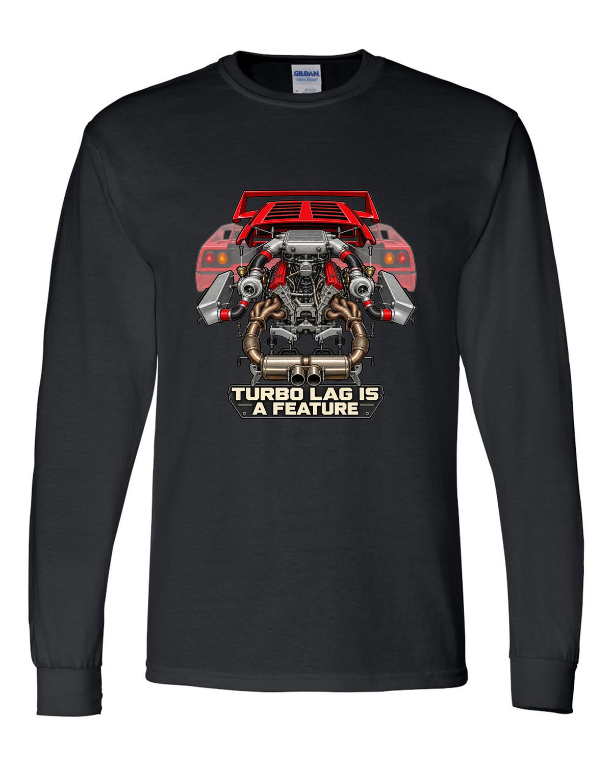 Exploded engine cutaway print of a Ferrari F40 F120 with turbo lag is a feature text black long sleeve front view with the design