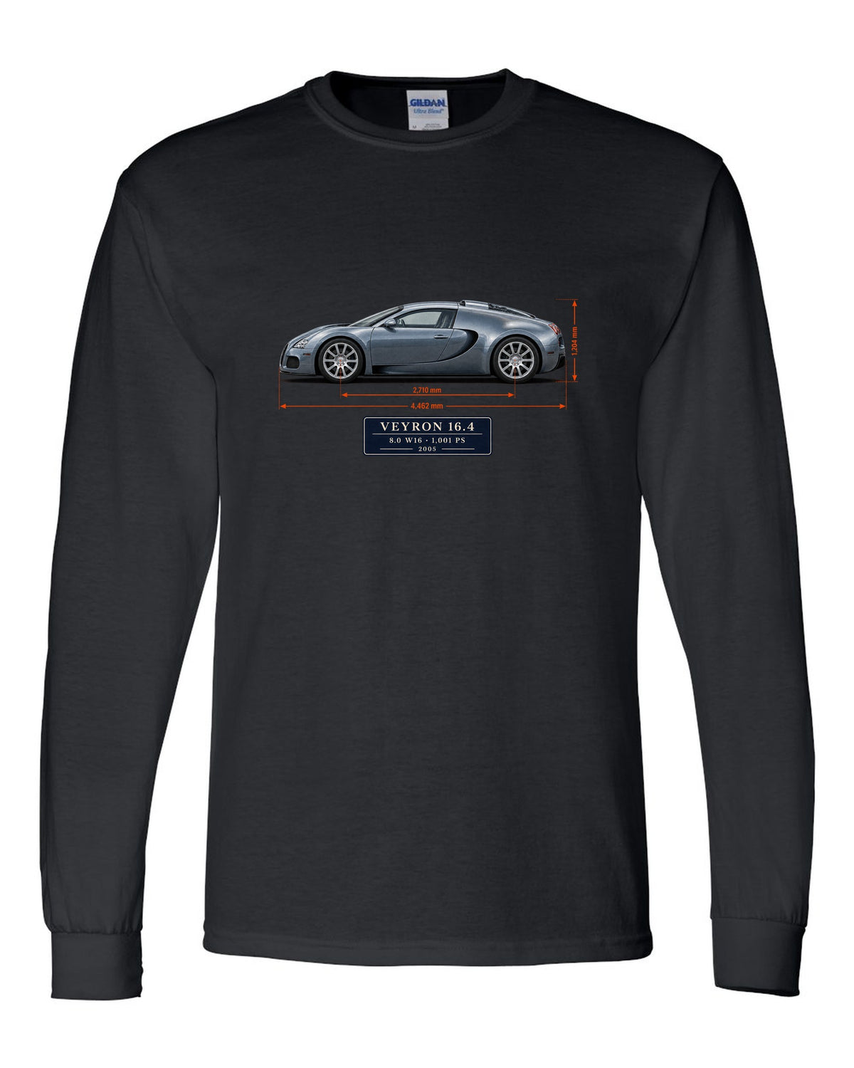 Bugatti Veyron 16.4 dimension blueprint print with size and engine specs black long sleeve front view with the design