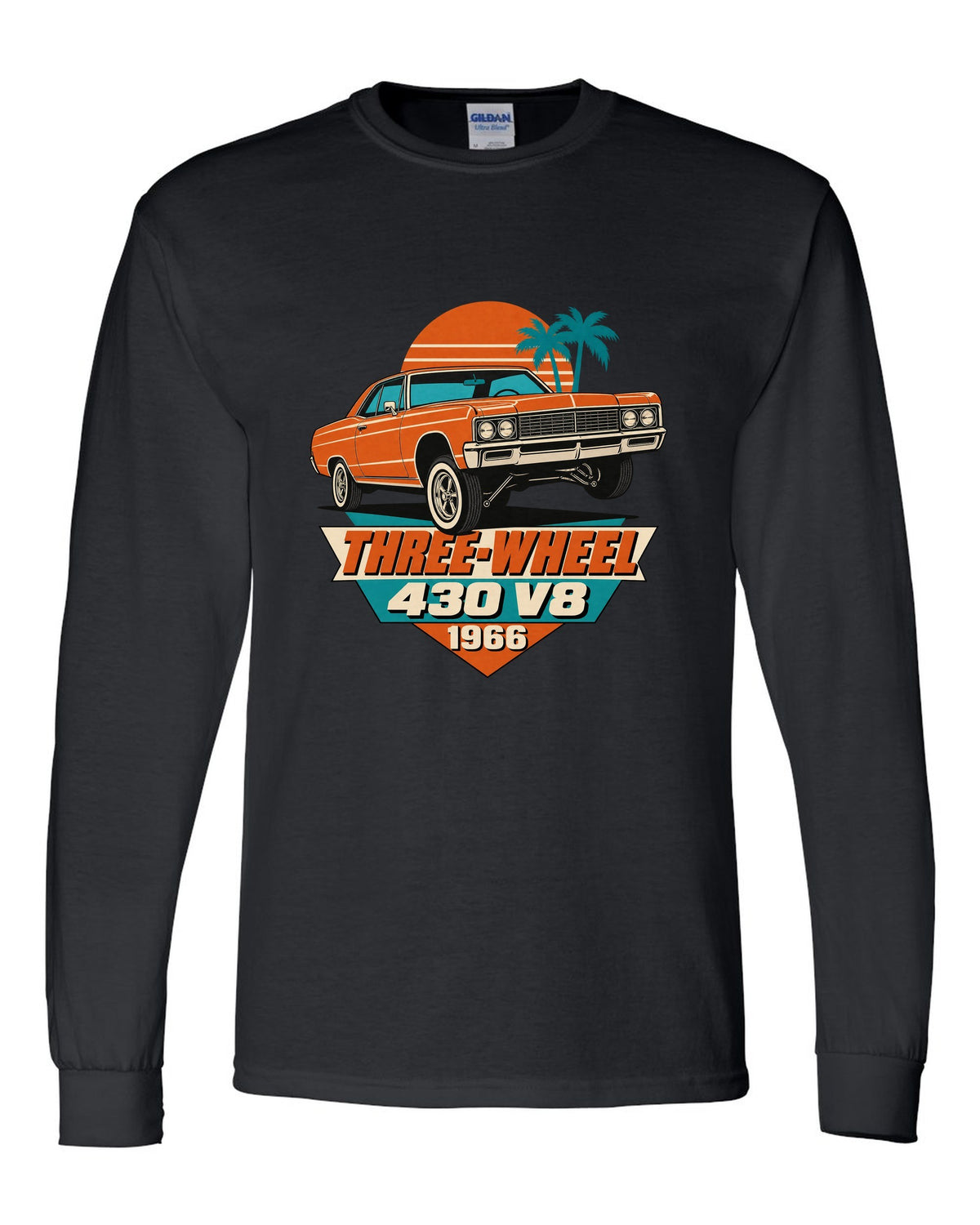 1966 Lincoln Continental lowrider on hydraulics in a 1960s litho poster style black long sleeve front view with the design
