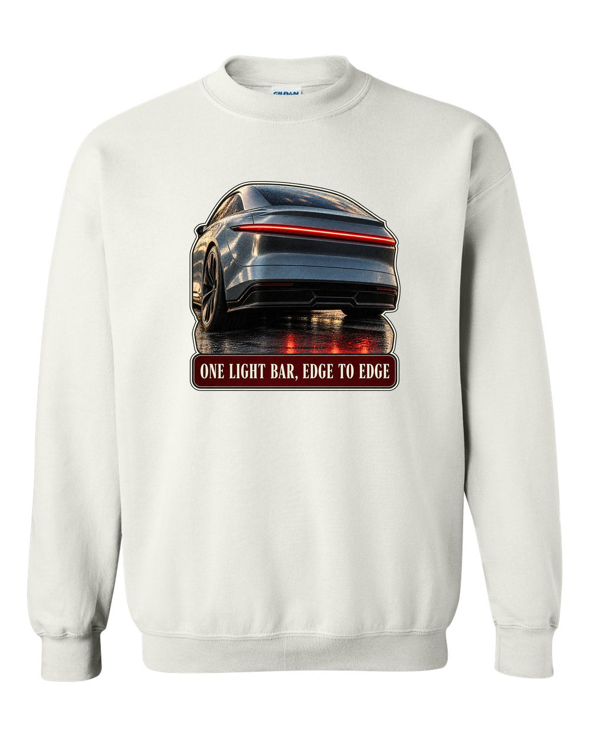 Taillight macro print of a Lucid Air Sapphire with a single light bar white crewneck front view with the design