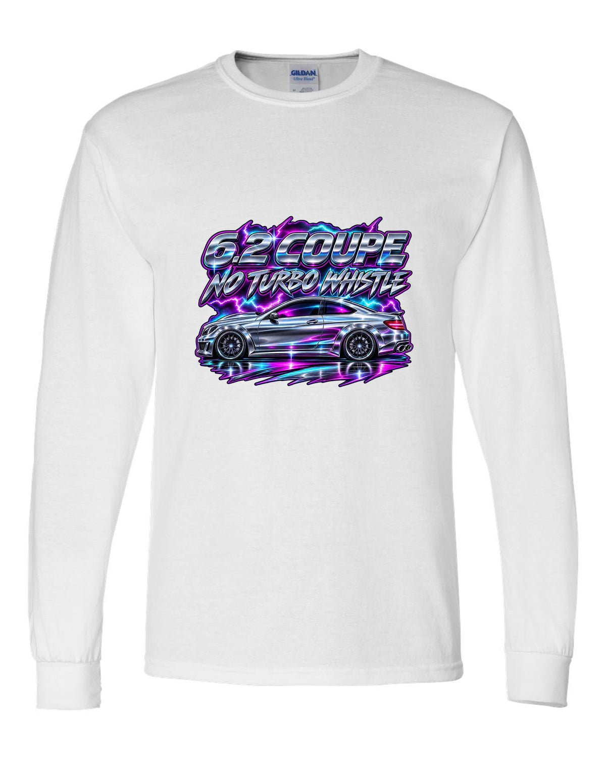 80s chrome airbrush print of a Mercedes C63 Coupe C204 white long sleeve front view with the design