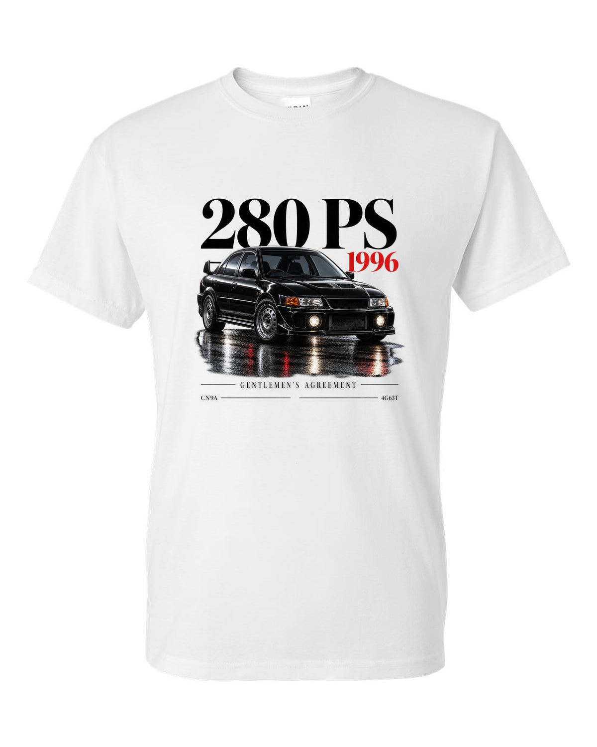 Editorial headline print for the Mitsubishi Lancer Evolution IV CN9A reading 280 PS, 1996, Gentlemen's Agreement, 4G63T white t-shirt front view with the design