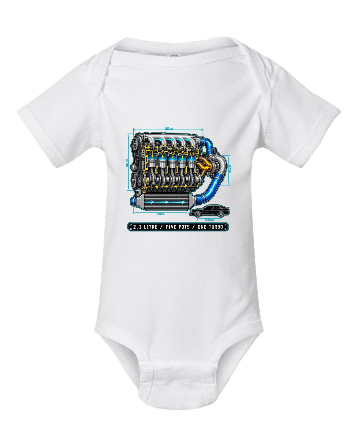 Technical blueprint print of an Audi Ur-Quattro Type 85 with five pots text white baby onesie front view with the design