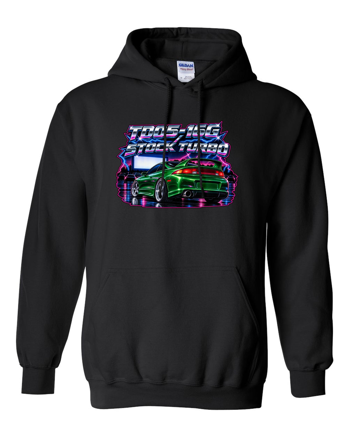 80s airbrush chrome print of a Mitsubishi Eclipse GSX 2G with TD05-16G stock turbo text black pull over hoodie front view with the design