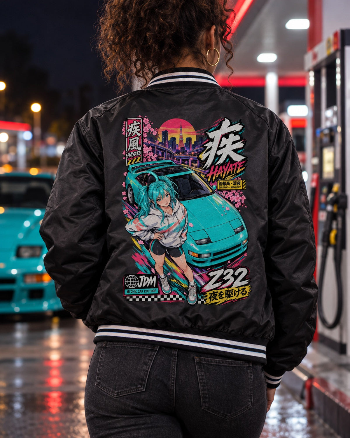 HAYATE Z32 Anime Girl Full-Back Graphic Tee Bomber Jacket Black worn hero
